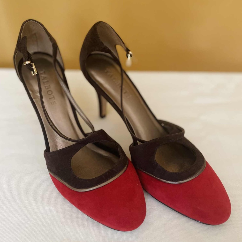 Talbots Red & Brown Suede Mary Jane Heels - Color Block Ankle Strap Pumps Shoes